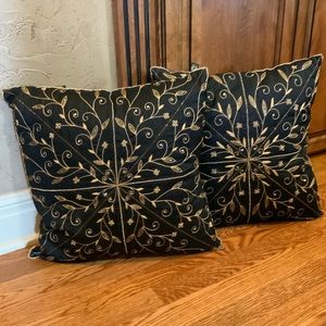 Borgata Black Jeweled Throw Pillows 17" X 17" Set 2 Beading Gold Embellished #N1